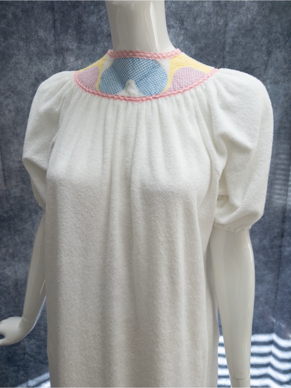 Vintage‎ White Terry Cloth Lounger Dress with Pastel Gingham Yoke - One Size